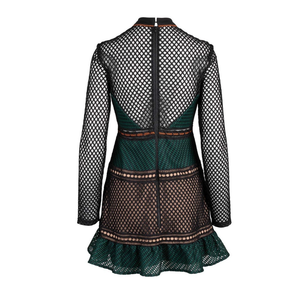 𝅺NWOT Self Portrait forest' Mixed Fishnet Mini Dress In Dark Green Size 6